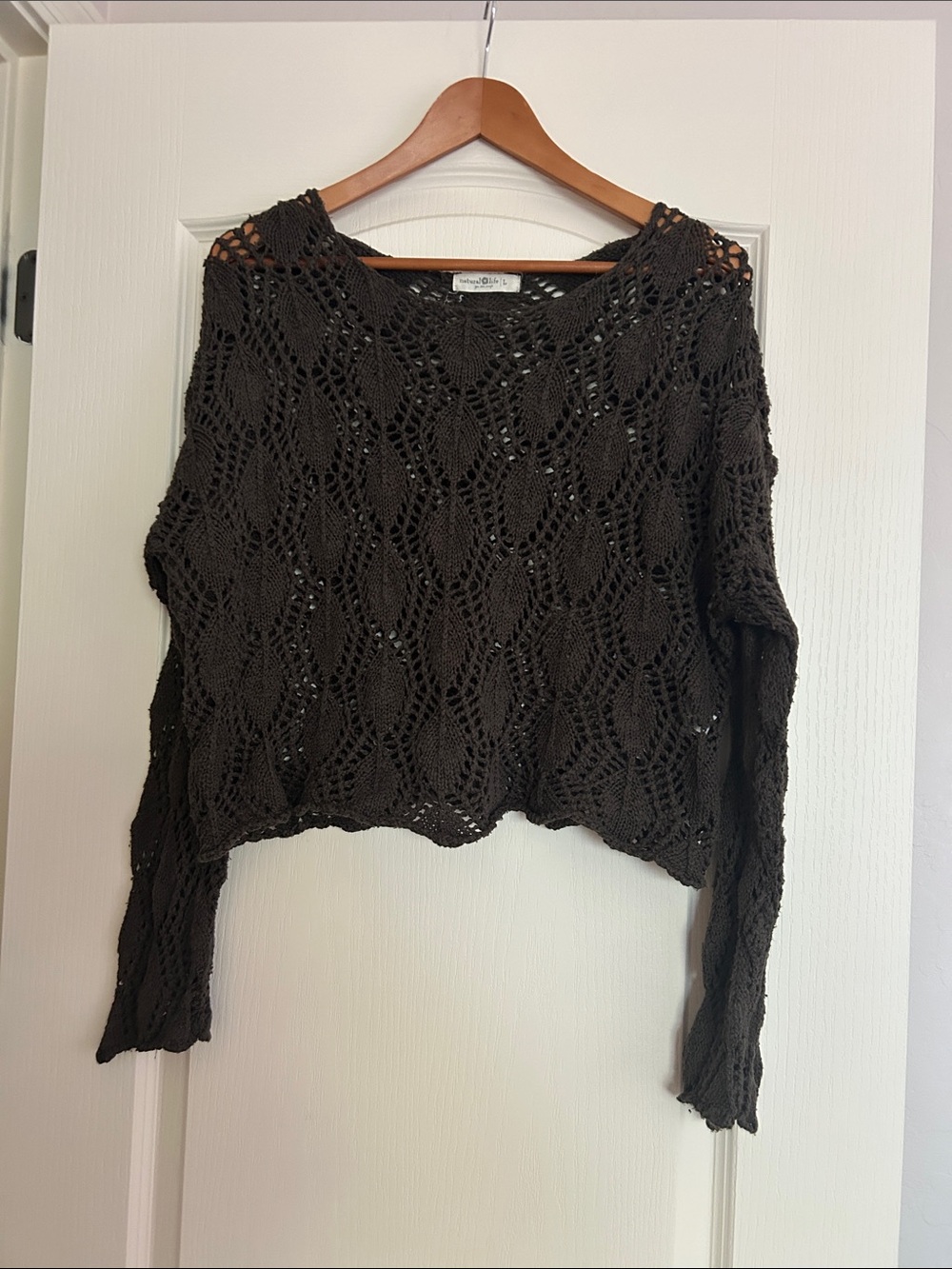 NATURAL LIFE Open-Knit Crochet Top in Charcoal Gray